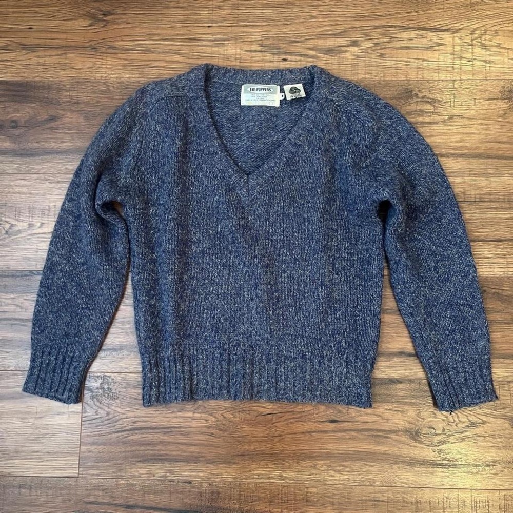 Vintage 90s Eye Poppers 100% Shetland Wool VNeck Sweater Blue Knit Korea‎ S